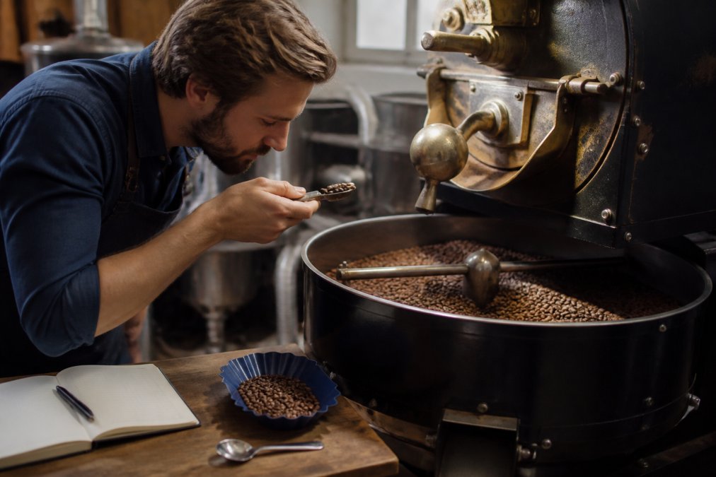 Close-up of a small-batch coffee roaster examining freshly roasted beans in a vintage-style drum roaster, with a notebook and cupping spoon nearby, warm workshop lighting