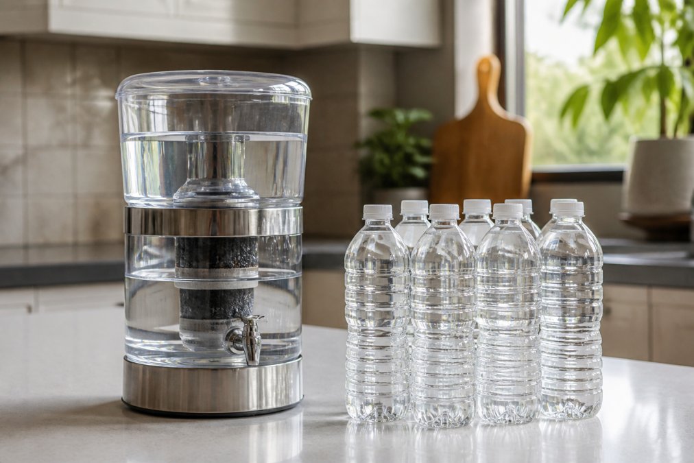 Infographic comparing the environmental and cost benefits of a countertop water filter versus single-use plastic bottles.
