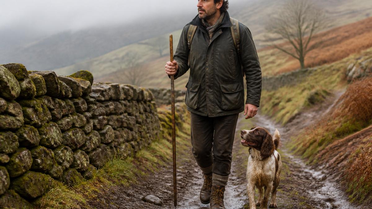 A walker in a waxed jacket and leather country boots crossing a muddy footpath beside a dry stone wall on a grey autumn morning, with a spaniel at heel and a walking stick in hand