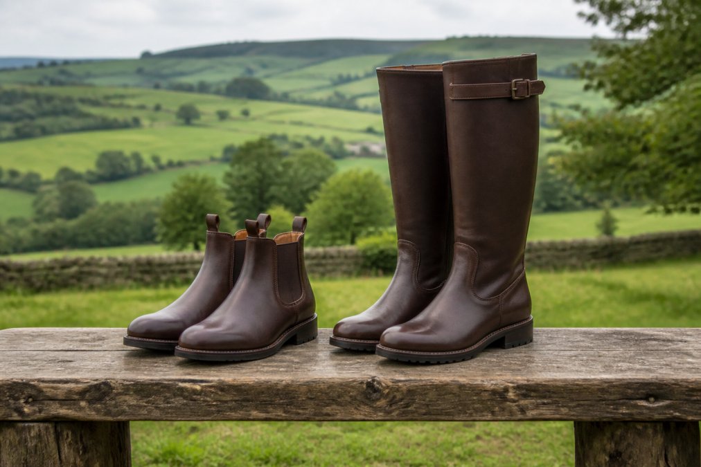 Leather Chelsea boots and tall country boots resting on a rustic wooden bench with a green field backdrop.