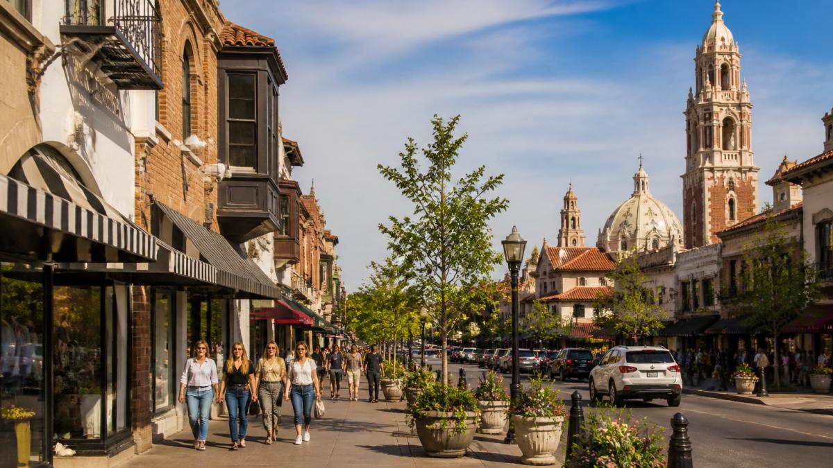 Wide-angle view of the outdoor plaza with historic Spanish Colonial architecture, pedestrians strolling between shops, and street-level retail storefronts with awnings in afternoon sunlight