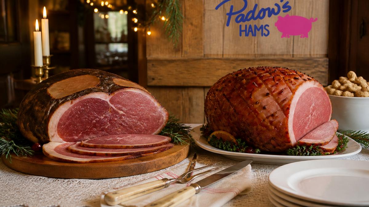 A holiday table setting with a sliced country ham on a wooden board next to a glazed city ham, surrounded by serving utensils and warm lighting