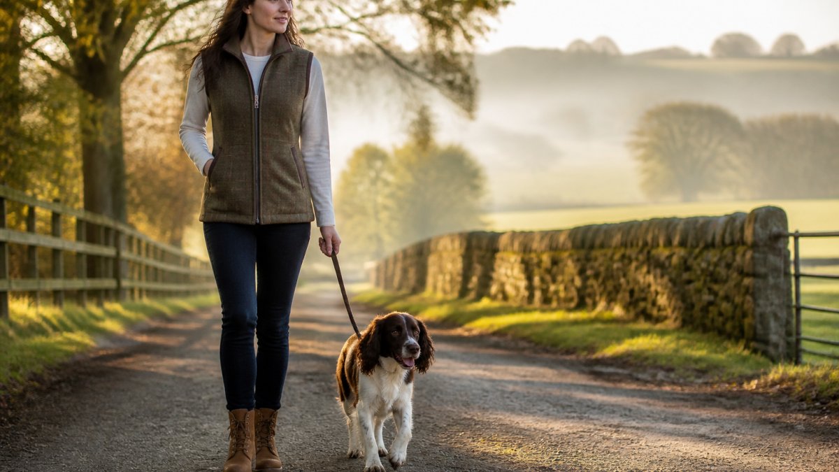 A woman in a tweed gilet, dark jeans and tan laced country boots walking a country lane with a spaniel in soft morning light