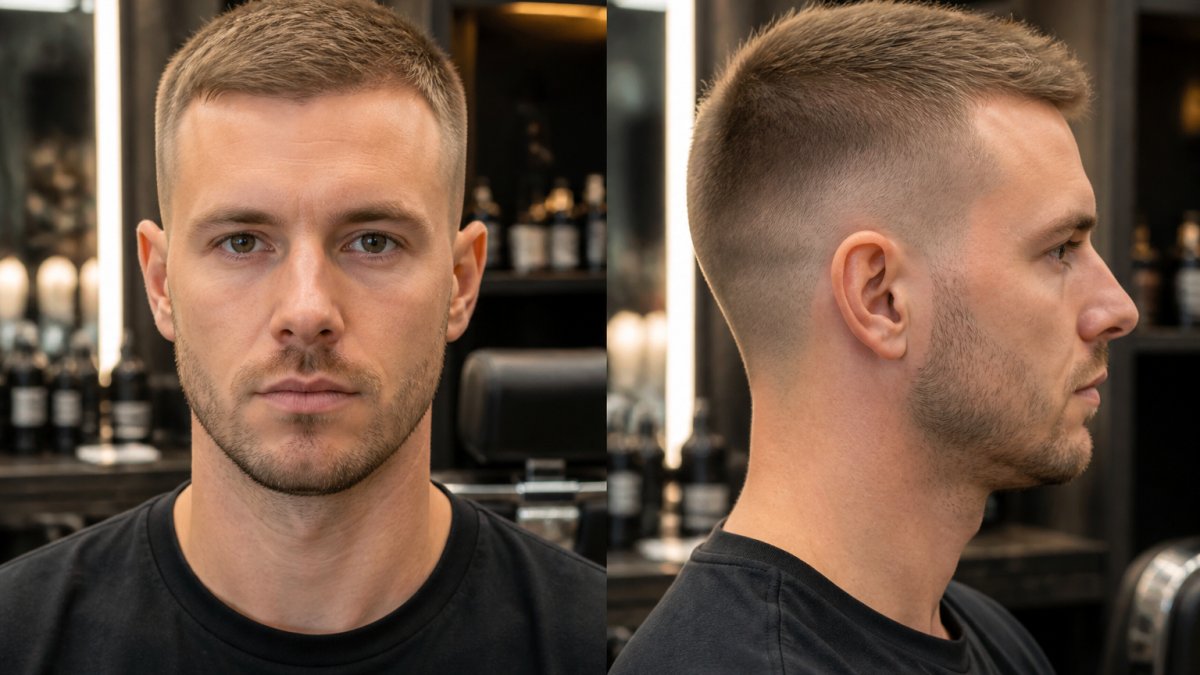 Homme portant une coupe courte dégradée moderne avec côtés nets et longueur légère sur le dessus, photographié de face et de profil pour montrer la structure de la coupe