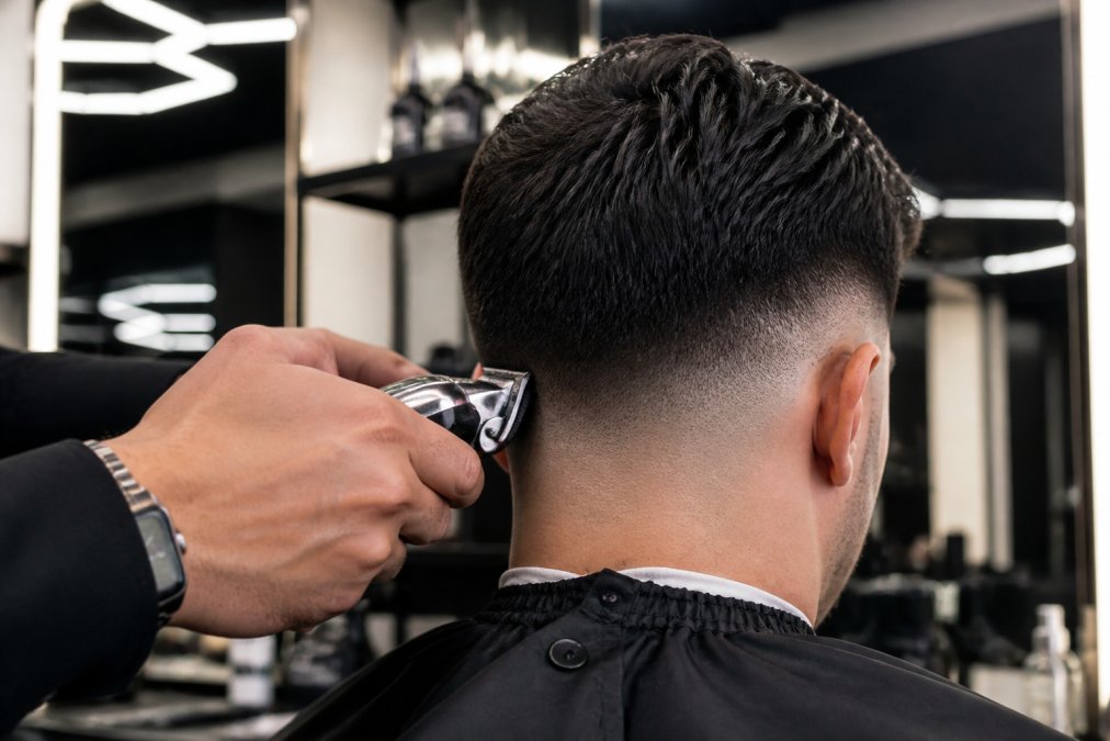 Dégradé progressif net réalisé par un barbier pour une coupe de cheveux homme moderne 2026 réussie.