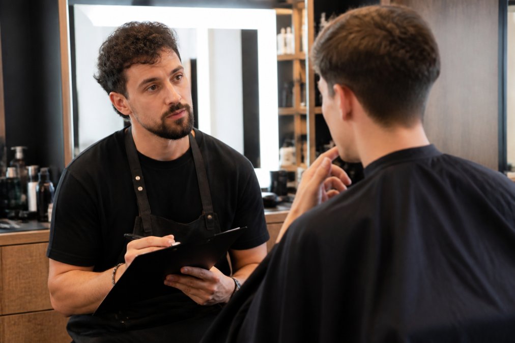 Professional barbier listening attentively to client during consultation, showing discussion and noting hair preferences, in modern bright barbershop setting