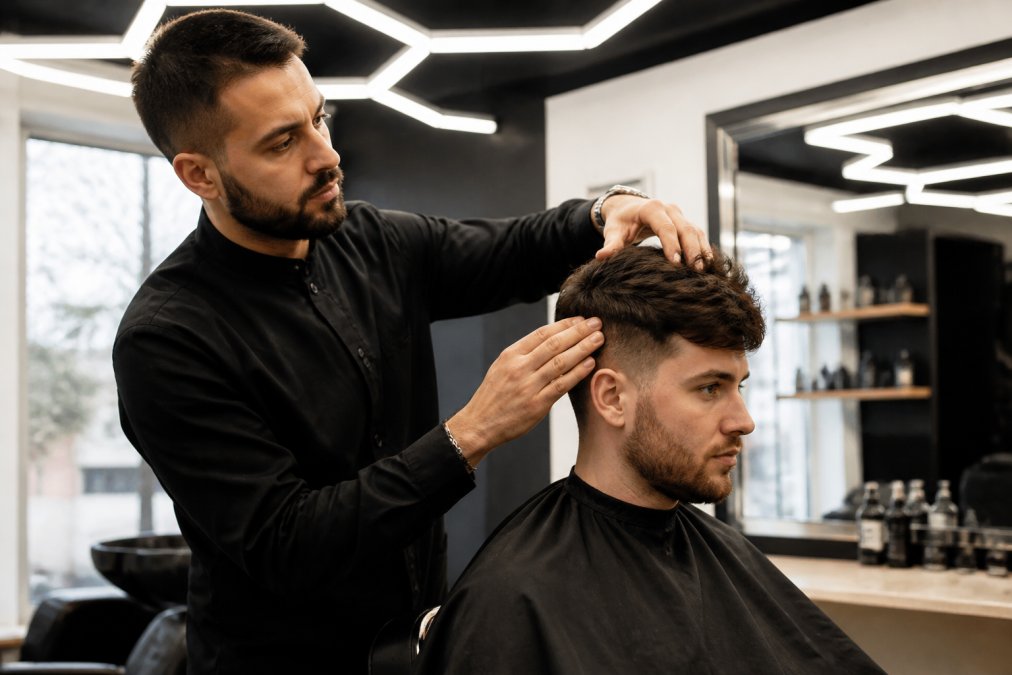 Un barbier expert écoutant attentivement un client, en examinant la structure capillaire et la texture des cheveux avant de commencer la coupe, dans un environnement moderne et bien éclairé