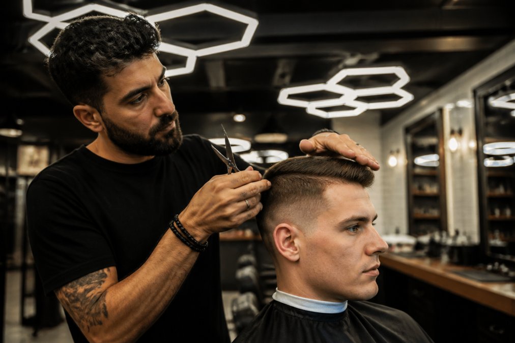 Professional barber holding precision scissors and clipper, demonstrating cutting angle on client's hair plateau in modern barbershop with hexagonal lighting