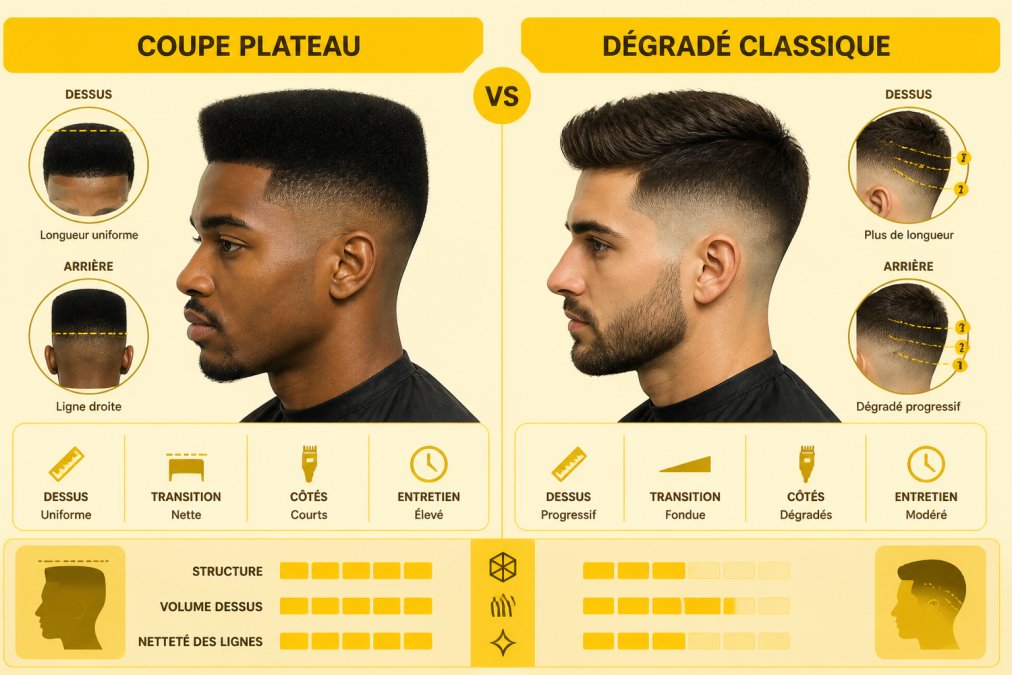 Schéma comparatif illustrant les différences entre la coupe plateau et le dégradé classique pour les hommes.