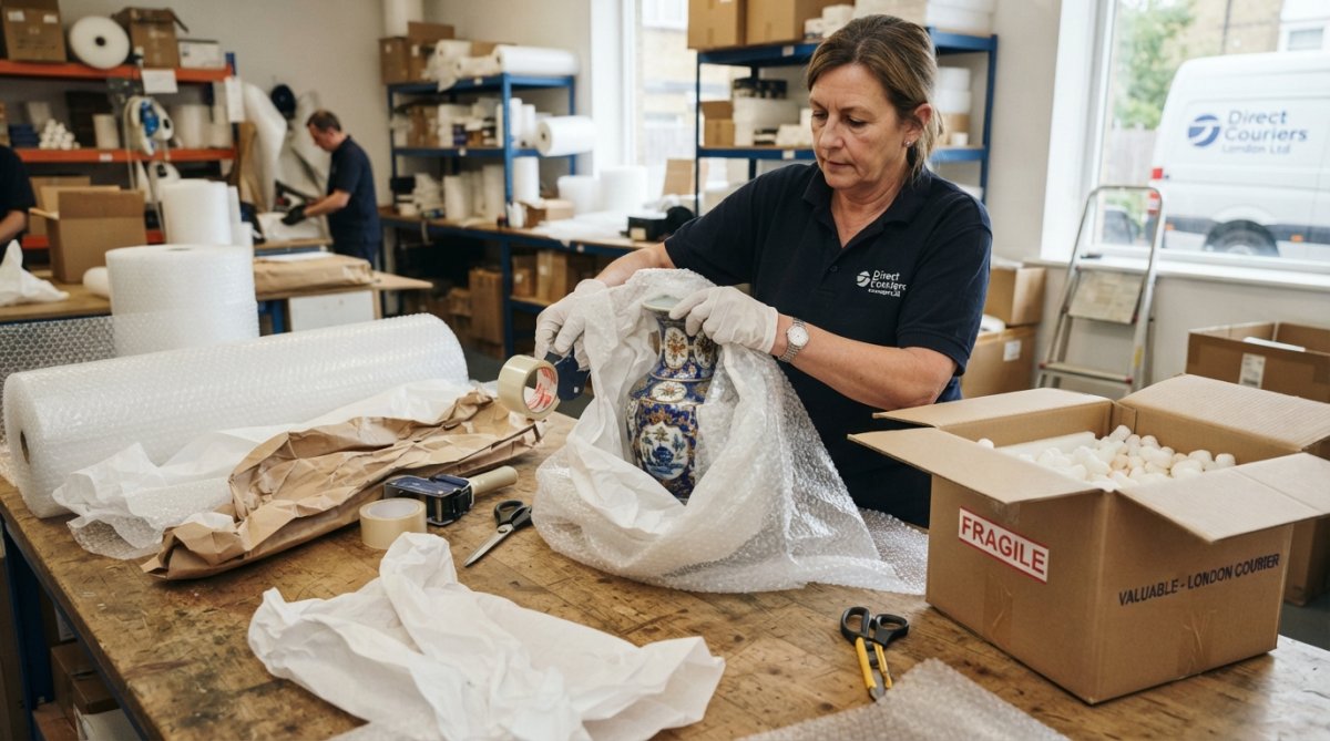 Hands carefully wrapping an antique vase in bubble wrap to prepare for courier insurance valuable items shipment