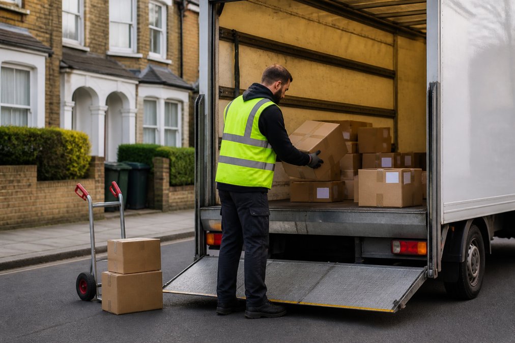 A courier in a high-visibility vest loading several labelled parcels into a tail-lift Luton van parked on a residential street, clipboard of delivery addresses visible, soft morning light