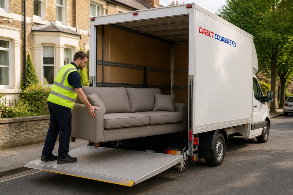 A courier in a high-vis vest lowering a heavy sofa on a tail-lift platform at the rear of a Luton van, parked on a residential street in soft afternoon light