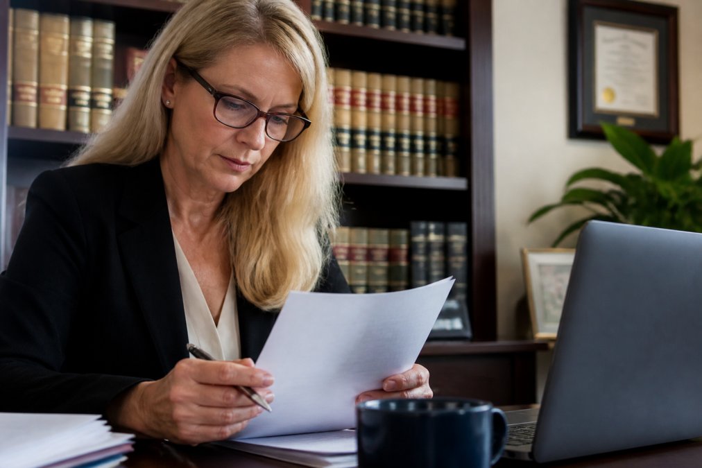 Close-up of a legal professional's hands reviewing a printed proof of service document beside a laptop displaying a delivery tracking dashboard, in a well-lit law office
