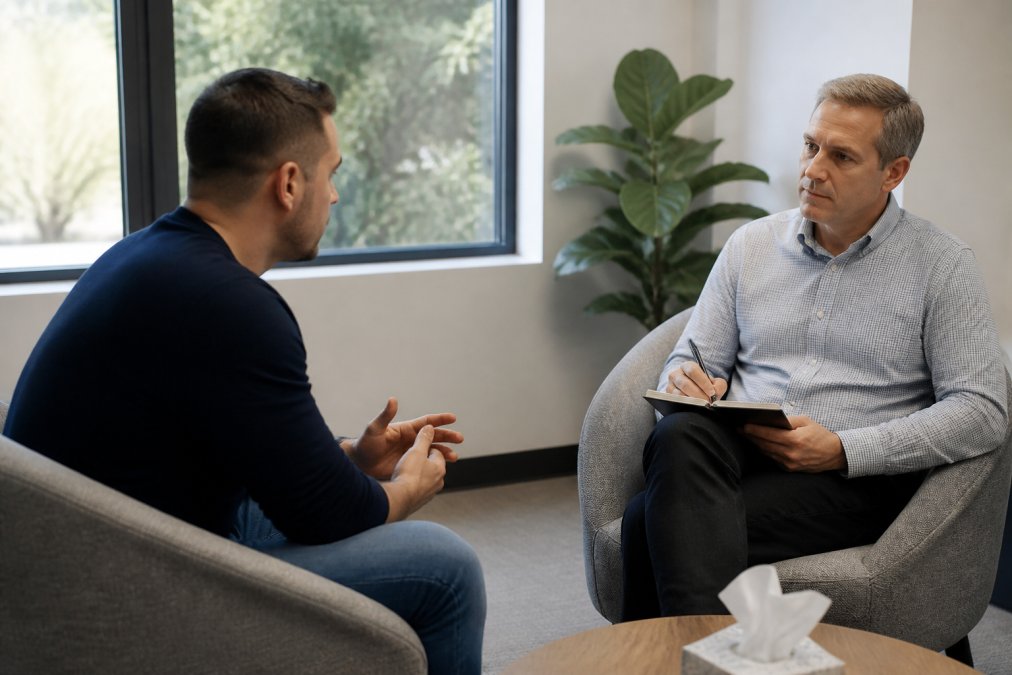 Professional counselor and client sitting in comfortable chairs across from each other in a modern therapy office with natural light from windows, engaged in one-on-one discussion