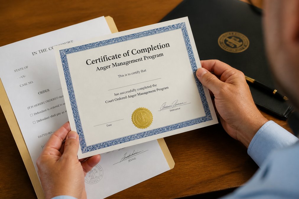 Close-up of hands holding an official anger management certificate of completion and legal documentation on a desk with a pen, showing official court seals and signatures