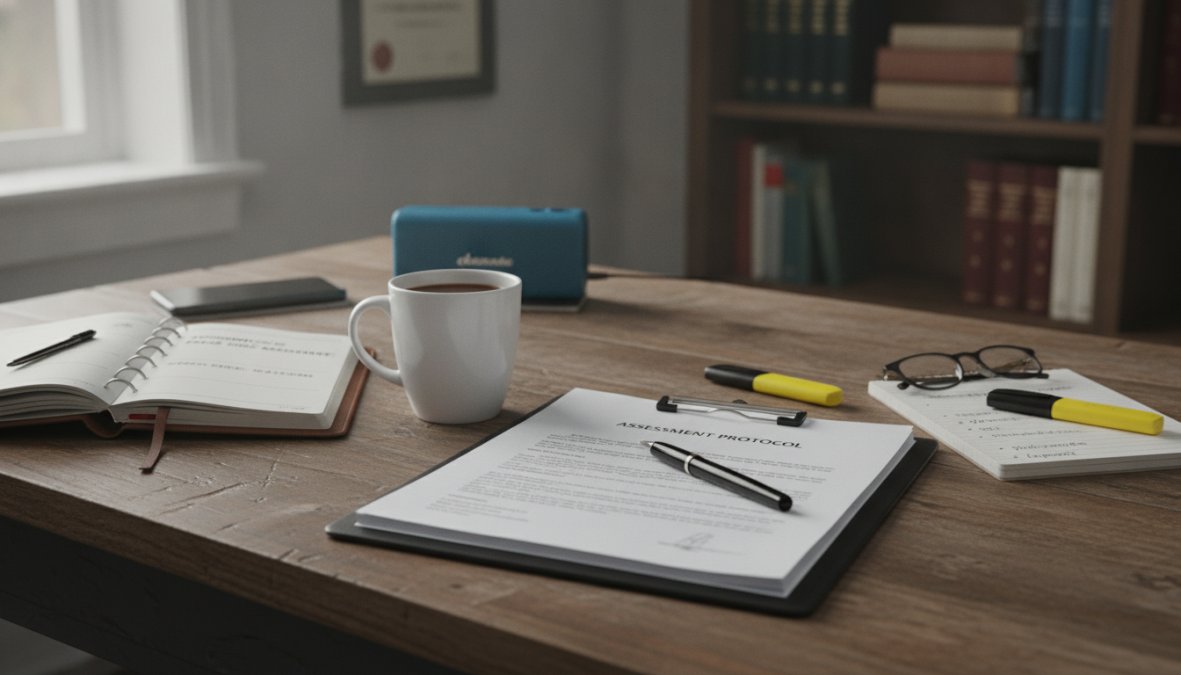Step-by-step visual guide for person and sitting and desk concepts for court ordered drug assessment