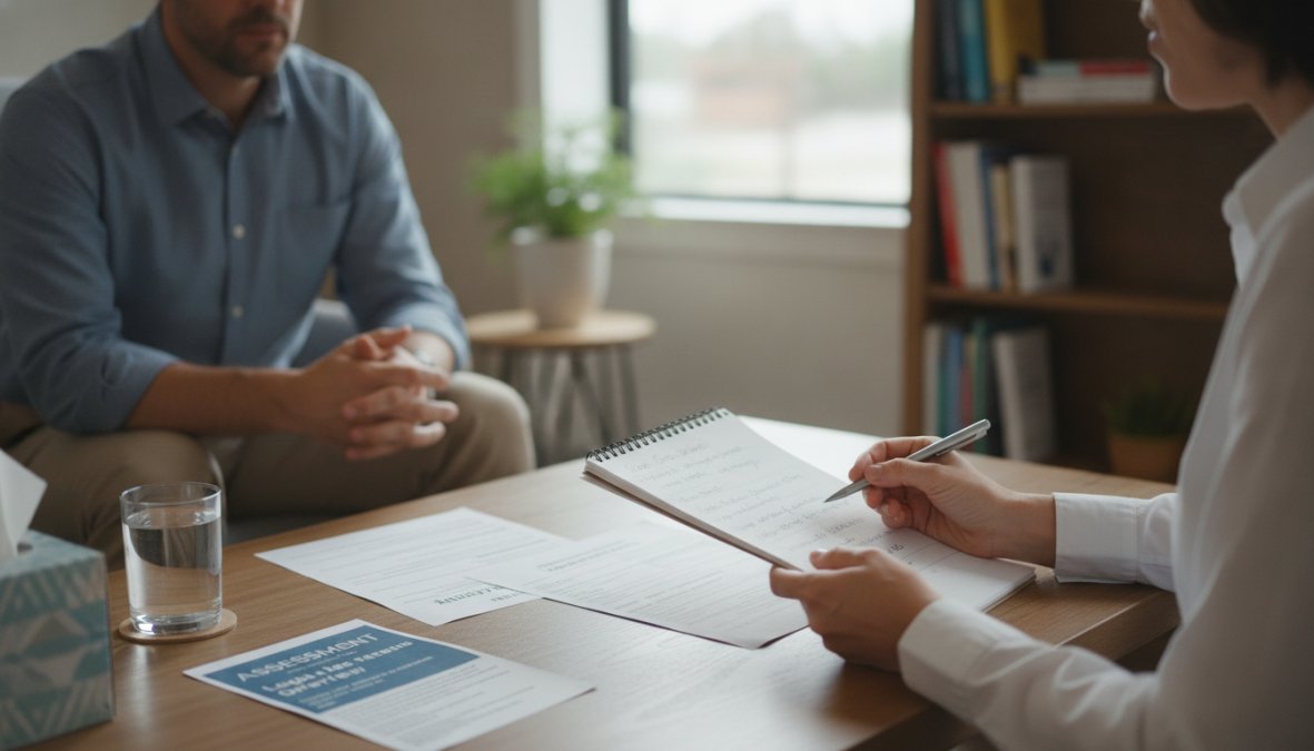 Licensed counselor conducting clinical intake interview with client in private, confidential office setting with assessment materials and notepad visible
