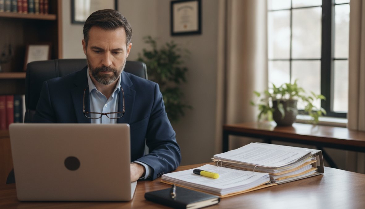 Licensed counselor conducting a video call session on a laptop in a calm, professional office with soft lighting and a notepad visible on the desk