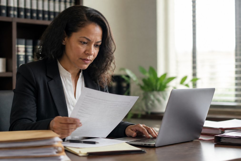 Legal professional reviewing a printed digital service confirmation report at a desk with a secure email portal