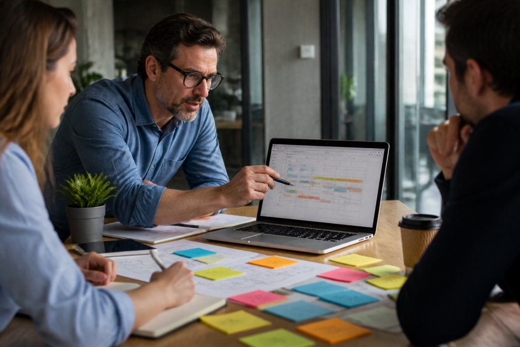 Project manager and team members reviewing implementation timeline on a laptop in modern office, with sticky notes and planning documents visible on the desk