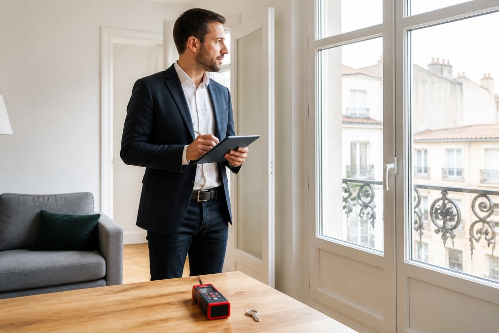 Un expert immobilier en visite dans un appartement lumineux, prenant des notes sur une tablette près d'une fenêtre, avec un mètre laser posé sur une table