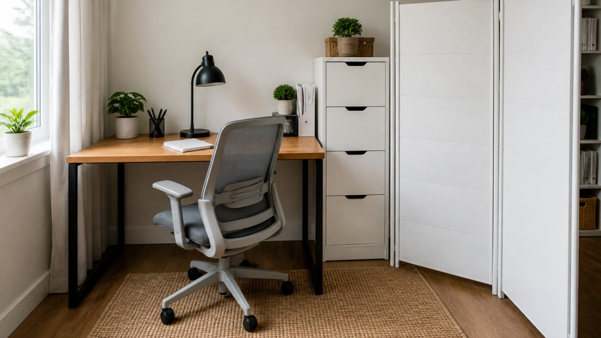 Wooden desk with ergonomic chair and storage in a well-organized home workspace