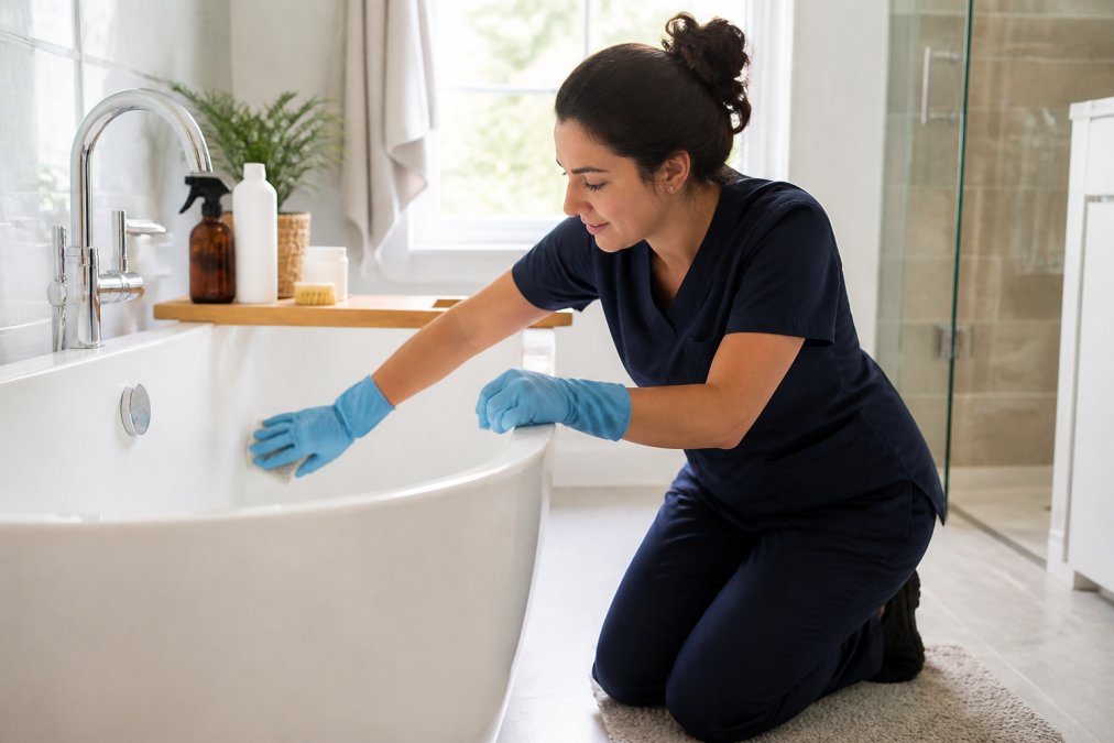 Une professionnelle de l'entretien ménager en tenue de travail, agenouillée devant une baignoire en train de récurer, avec des produits d'entretien écologiques visibles sur le bord, dans une salle de bain lumineuse et propre