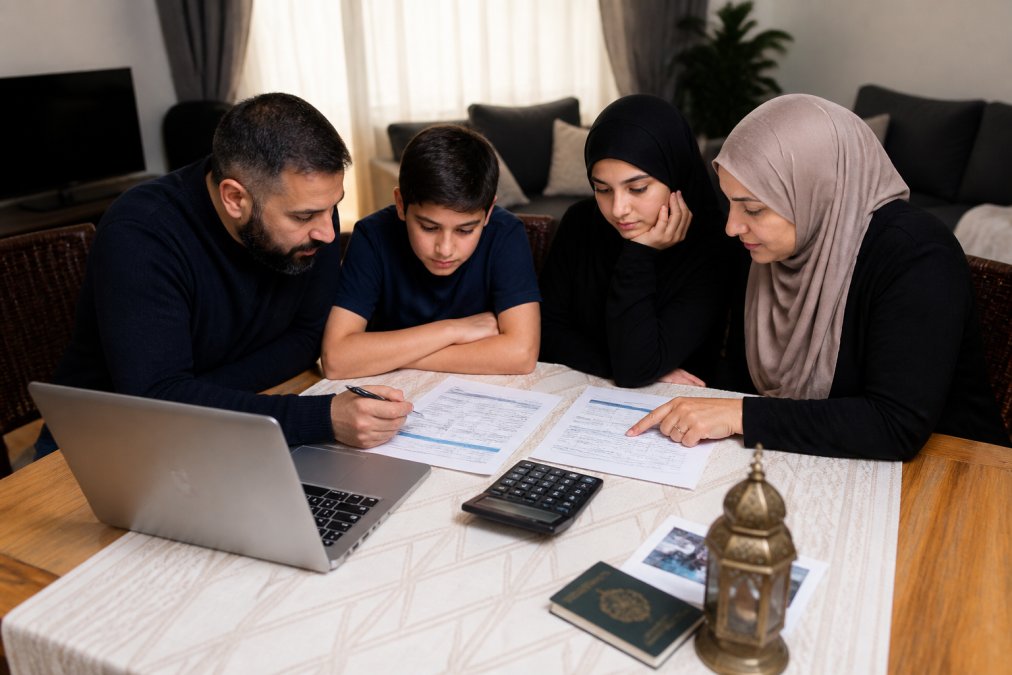 Infographie illustrant la planification des coûts réels pèlerinage pour une famille préparant son voyage Hajj.