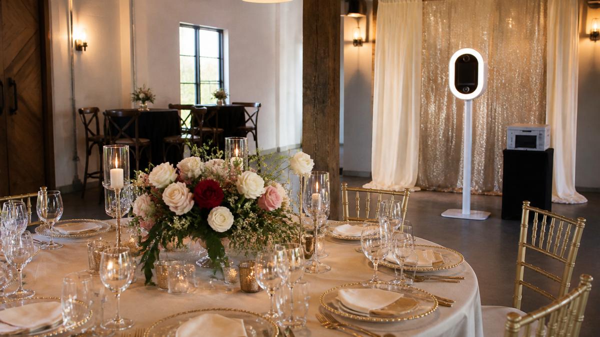 An elegant event space with sophisticated table settings, floral centerpieces, and soft ambient lighting, with a modern photo booth in the background