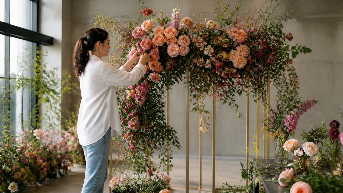 Professional demonstrating couture floral installation ideas technique in modern clinical setting with natural lighting
