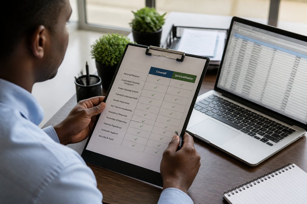 A facility manager in a corporate office reviewing a printed comparison chart of cleaning service providers on a clipboard, with a laptop open to a spreadsheet in the background