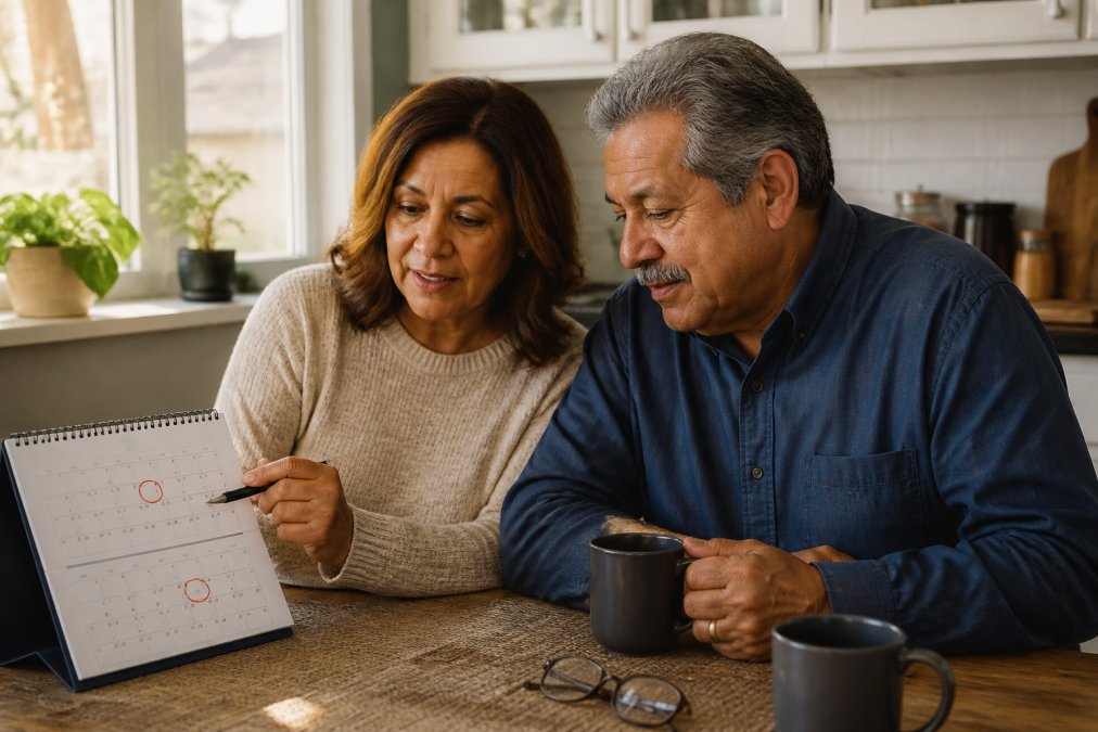 Wall calendar with marked dates for Covered California enrollment on a sunlit kitchen counter with coffee.