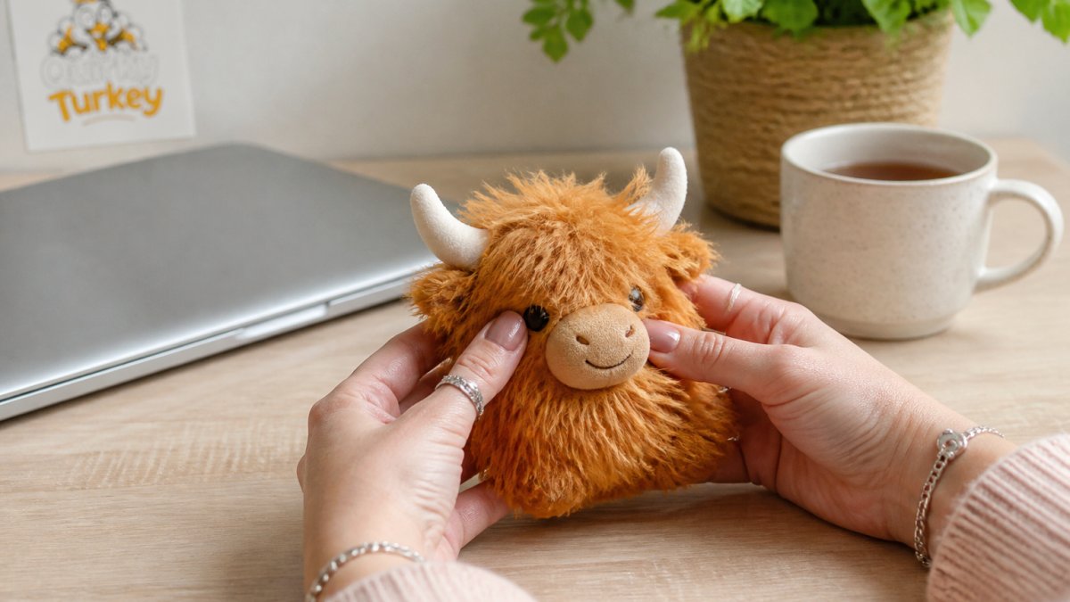 A close-up of a woman's hands squeezing a small, shaggy Highland cow squishy toy on a tidy desk, with a laptop and a cup of tea slightly blurred in the background.