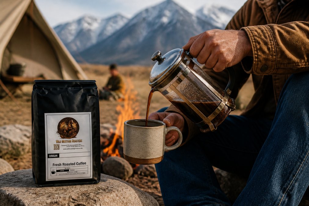Camper pouring fresh coffee from a stainless steel French press into a ceramic mug near a glowing campfire, with coarse grounds visible at the bottom of the glass carafe