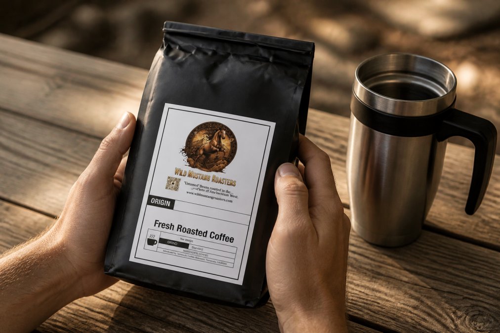 Close-up of hands holding a resealable coffee pouch with a roast date label clearly visible, stored next to a stainless steel travel mug on a rustic wooden table with natural afternoon light