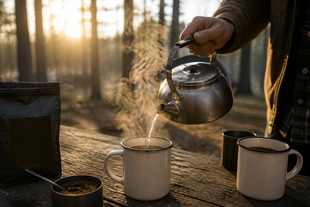 Camper pouring hot water from kettle into enamel mug with coarse coffee grounds, steam rising, morning light filtering through pine trees in background