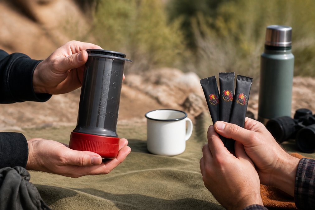 Hands holding AeroPress Go portable brewer and Mount Hagen instant coffee packets side by side, camping gear and enamel mug arranged on outdoor cloth in natural daylight