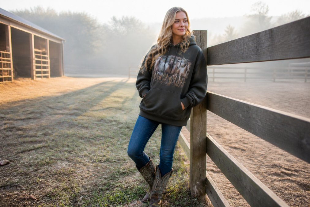 A young woman in an oversized graphic pullover hoodie with a western-inspired horse print, standing near a wooden fence at a horse barn, wearing jeans and cowboy boots, relaxed casual pose in soft morning light