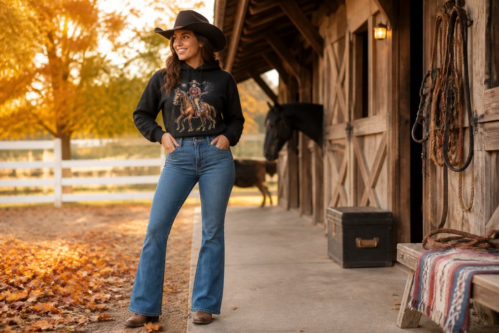 A woman in a western-themed graphic hoodie styled with high-waisted jeans and cowboy boots, standing near a stable with autumn leaves in the background, warm afternoon light creating golden tones