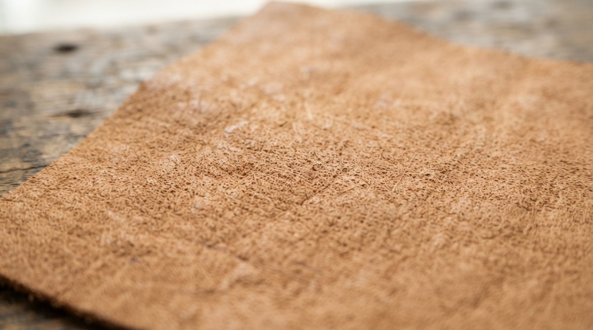 Close-up macro photography of full grain leather surface showing natural pore visibility, authentic grain structure, and fiber texture with natural markings visible, photographed under bright natural light