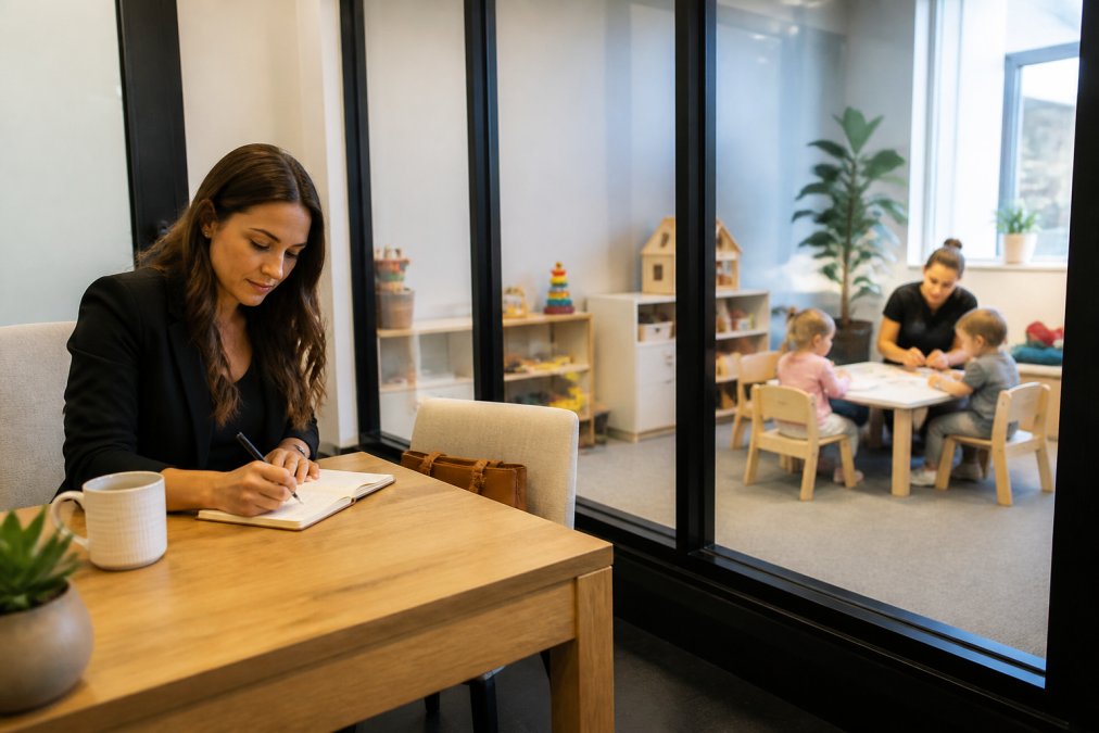 Professional parent working at a modern desk in a bright, naturally lit office space with a soundproof glass partition, while children engage in supervised activities visible through an adjacent window