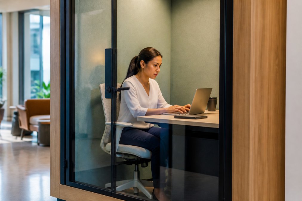 Professional parent focused on a video conference call inside a soundproof office pod, with a clear glass door and modern furnishings, expressing concentration with organized desk setup