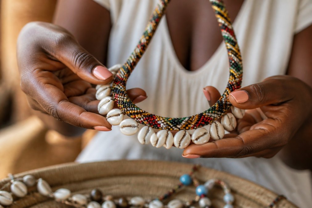 Close-up of a woman's hands gently holding a handcrafted cowrie shell necklace, with soft warm natural light highlighting the detailed beadwork and shell texture
