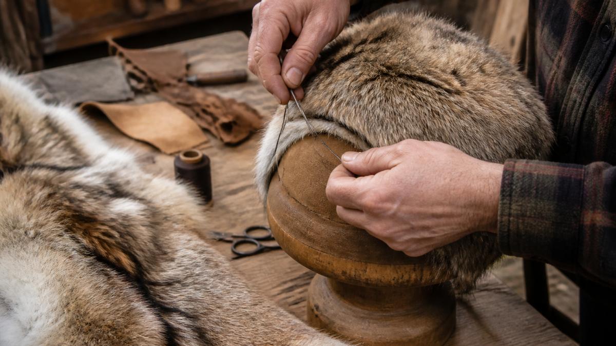 Close-up of a craftsperson's hands stitching a fur hat on a wooden hat form, with pelts, leather scraps, and sewing tools on a workbench in a warm workshop