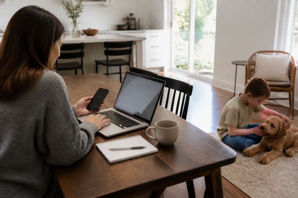 A parent sitting at a kitchen table with a laptop and smartphone, reviewing a family calendar while a child plays nearby with a puppy in a bright, tidy home