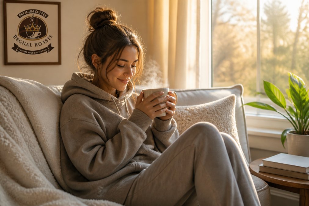 A person relaxing on a sofa in a soft hoodie, holding a steaming mug of coffee, warm morning light through a window, cozy home setting