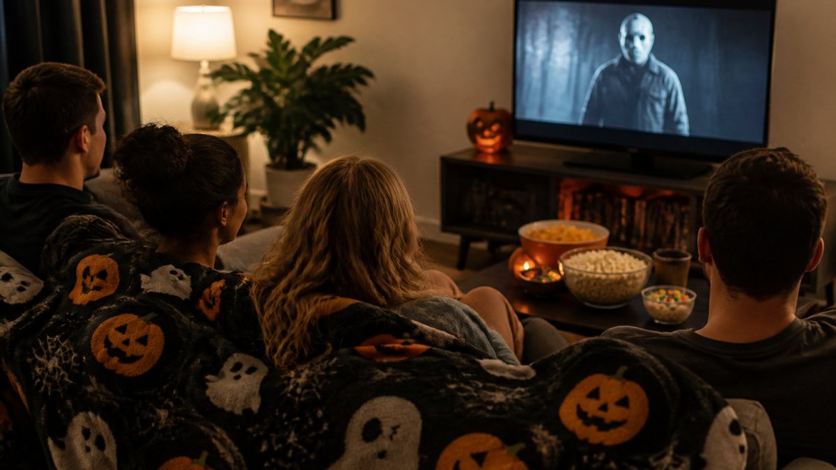 Infographic illustrating the step-by-step setup for a cozy Halloween movie night party with snacks and decor.