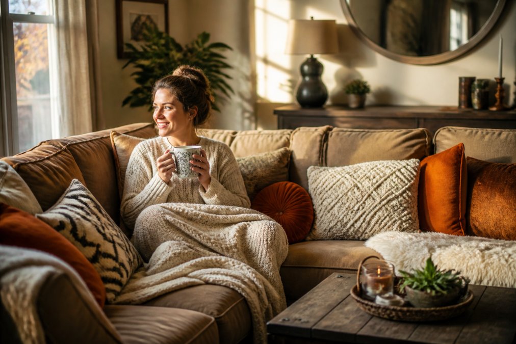 Well-lit living room with a plush sectional sofa layered with knit throw blankets and decorative pillows in warm earth tones, a person sitting comfortably holding a warm drink, soft golden lighting casting warm shadows across the furniture