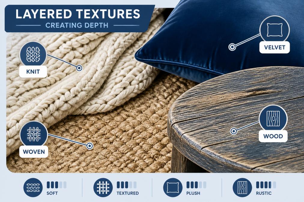 Close-up detail shot showing textural contrast between a chunky knit throw blanket, woven area rug in natural fiber, soft velvet pillow in jewel tone, and weathered wooden side table surface, demonstrating layered textures and warm neutral materials