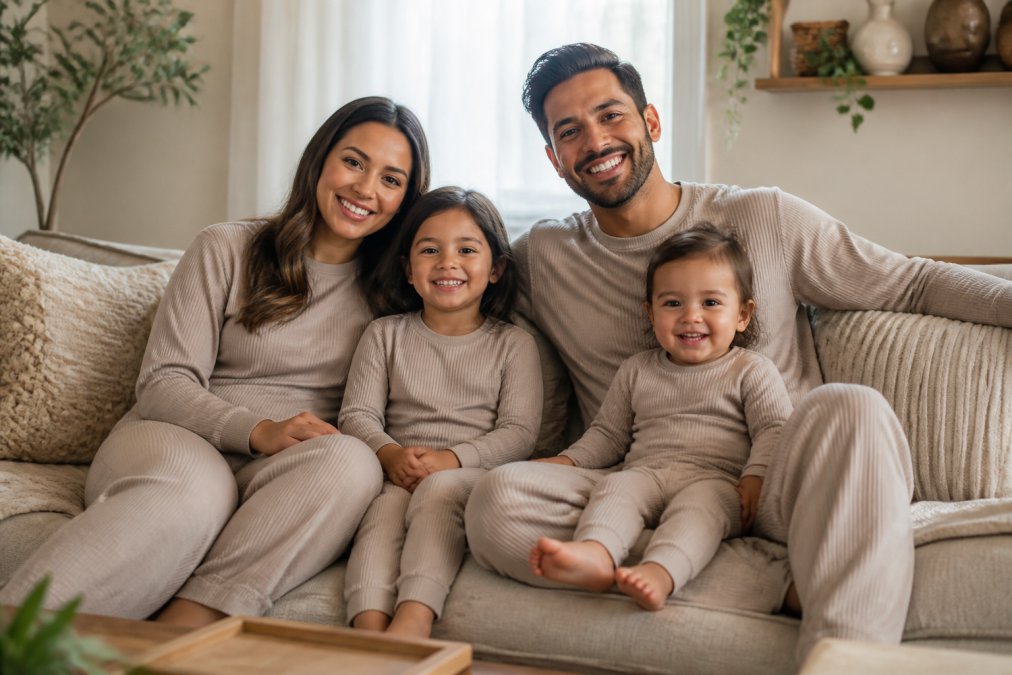 A happy family of four, parents, a young child, and a toddler, sitting together on a couch in matching soft loungewear sets, smiling warmly in a cozy living room with warm afternoon light streaming through sheer curtains